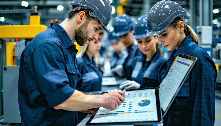 Manufacturing professionals using payroll and HR software on the shop floor