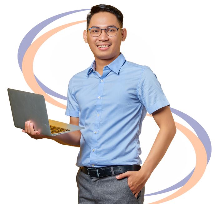 Scheduling-man in blue shirt with laptop