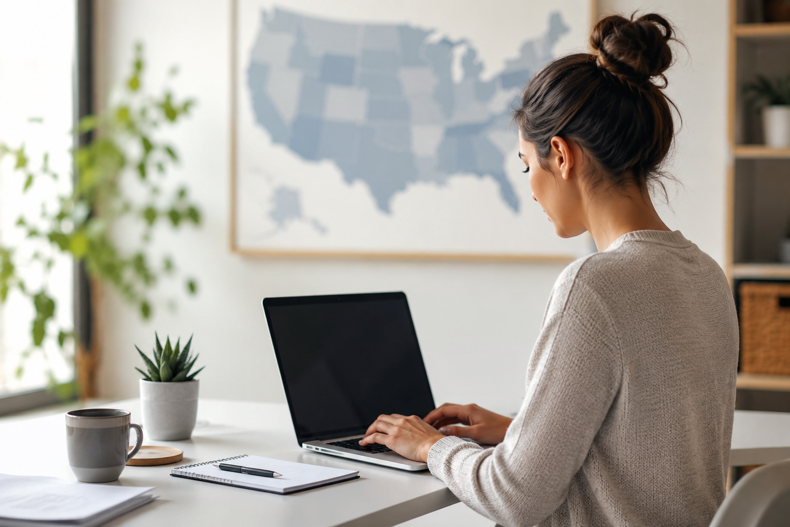 Remote employee working from a home office while employers manage payroll, tax, and HR compliance requirements across state lines.